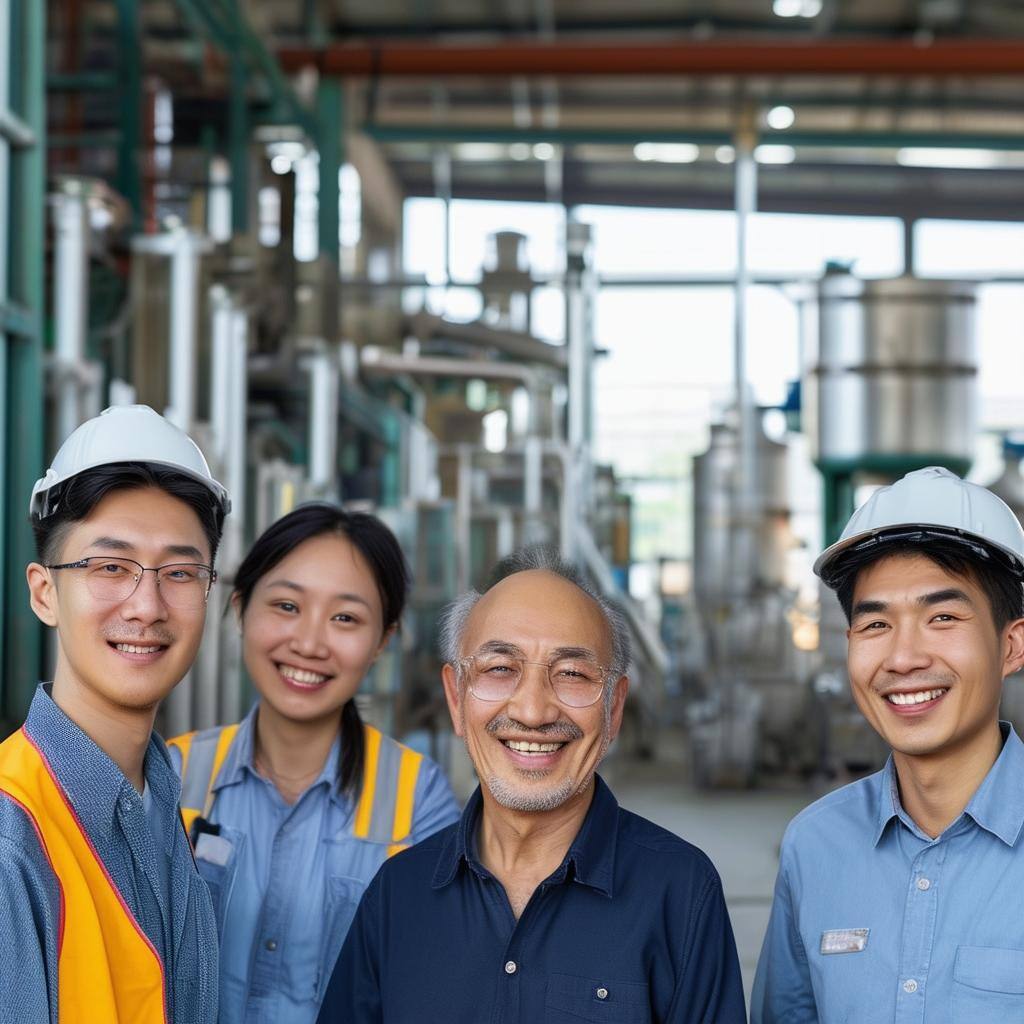 A group of four smiling Chinese nationals standing in front of a factory gate