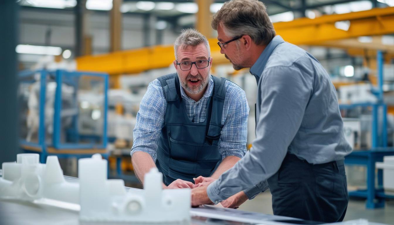 In a factory setting, a consultant is speaking to a customer over a table discussing an industrial or machine part problem to be solved